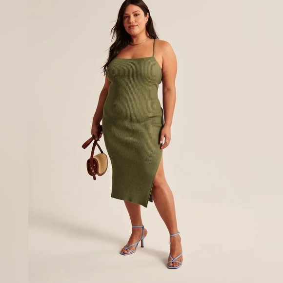 Abercrombie and Fitch Lace-up Ribbed Midi Dress Size XS Petite Green Vacation - Picture 2 of 5